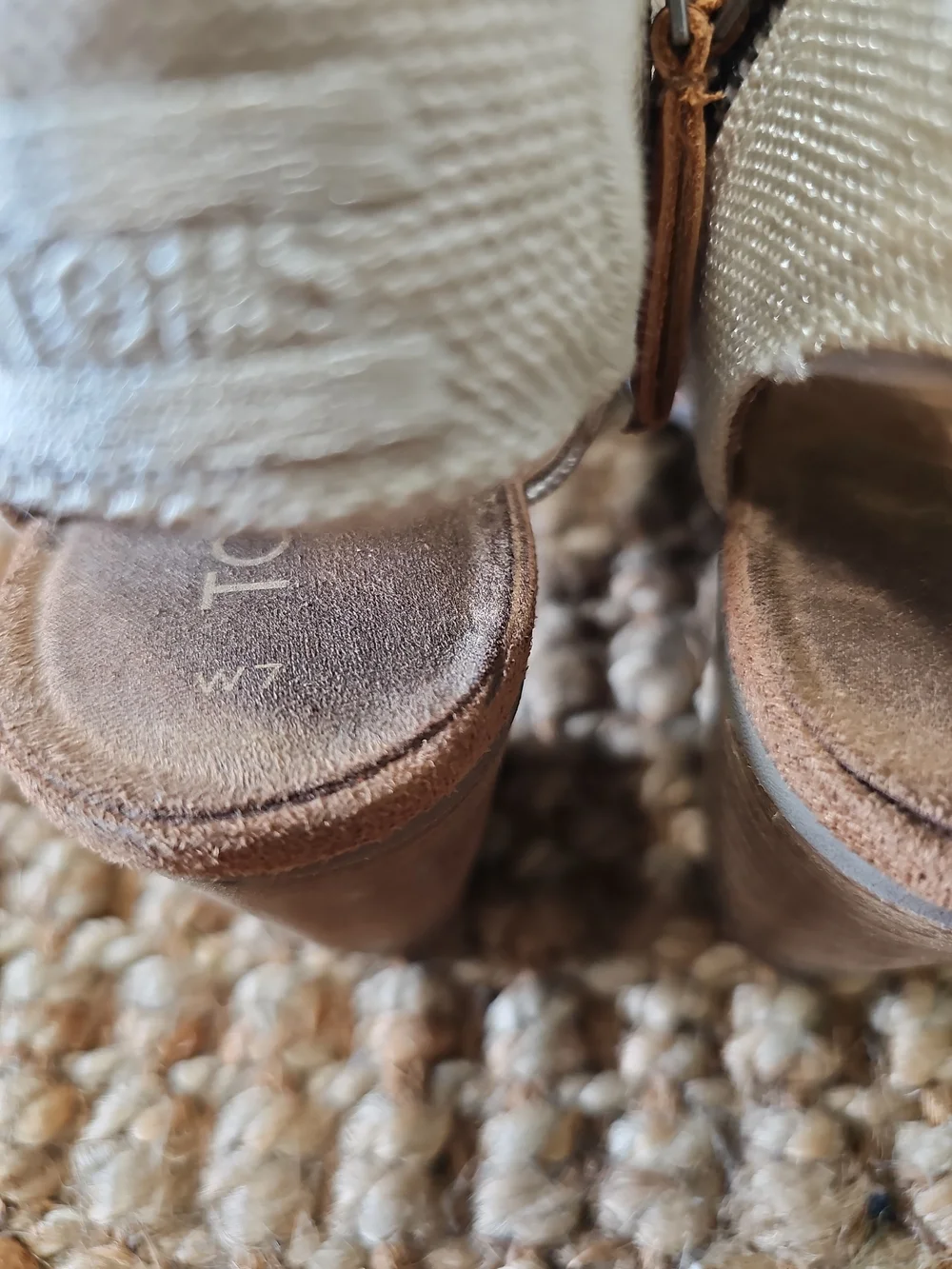 Toms Cream Fabric Block Heel Sandals with Wood-Tone Heel